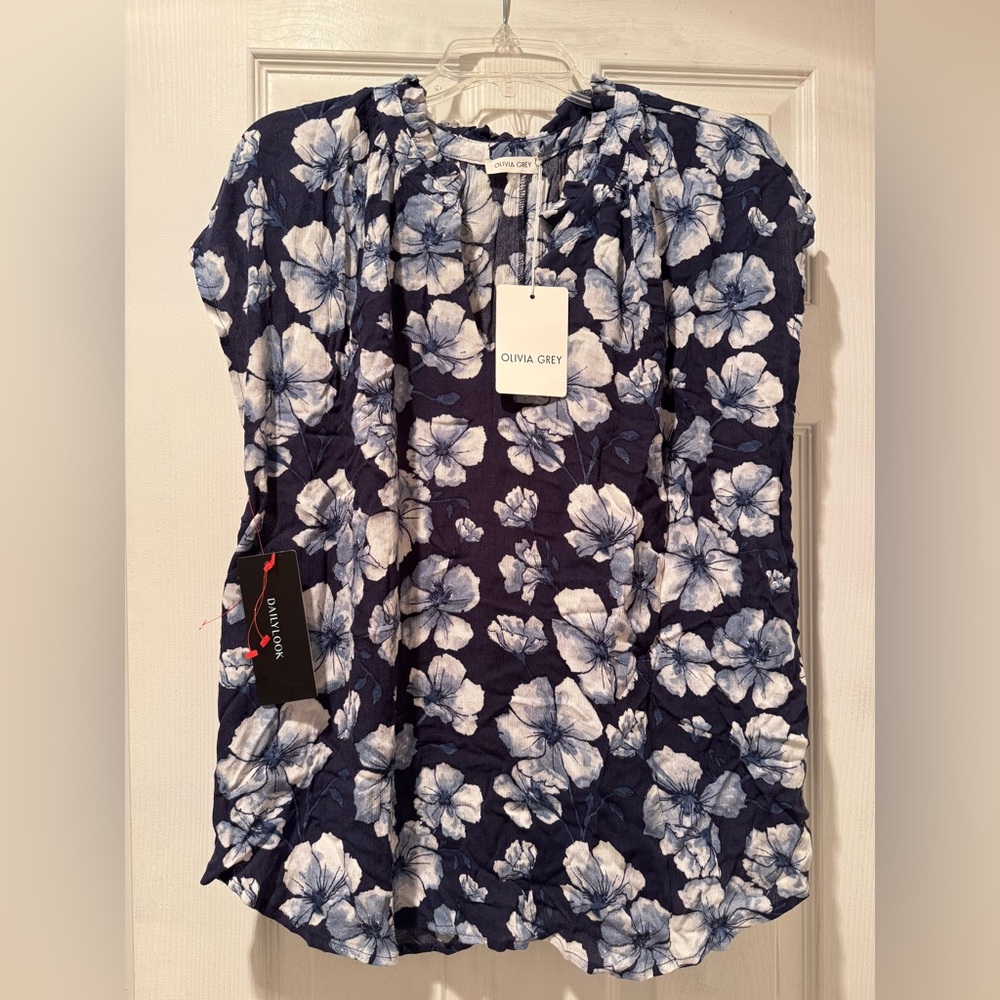 Olivia Grey Women's Floral Top -Navy Blue and White